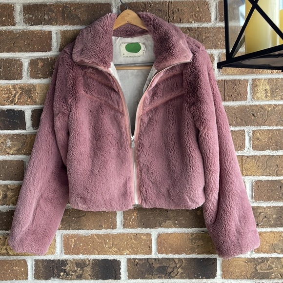 Anthropologie Faux Fur Jacket Teddy Bomber Mauve Dusty Rose Chevron Detail - Picture 4 of 10